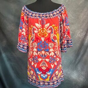 Freemarket by Flying Tomato Off‎ Shoulder Tunic Red Blue Yellow Floral Print Med